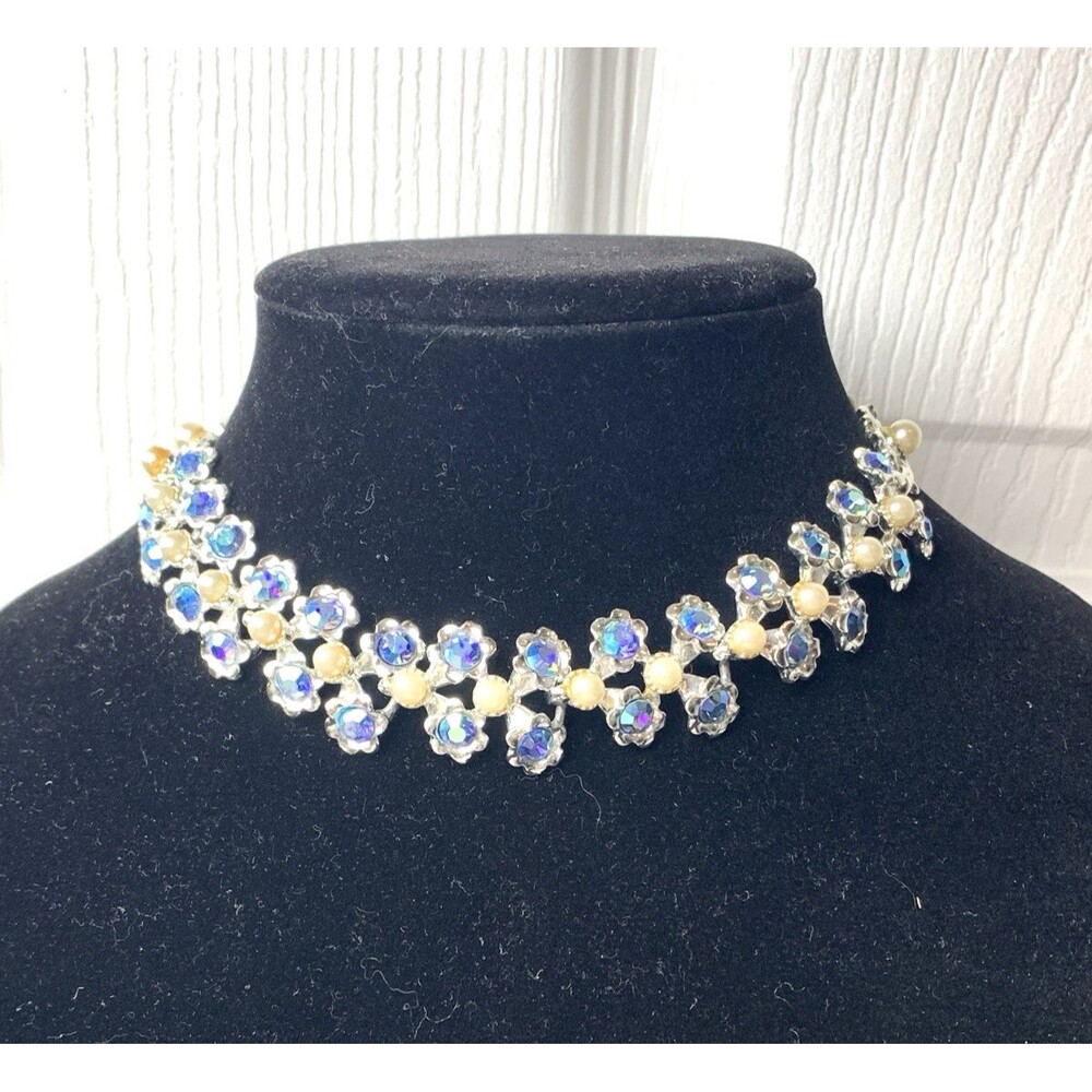 Vintage Blue AB Rhinestone Faux Pearl Statement Necklace Prom Wedding Bib 16"
